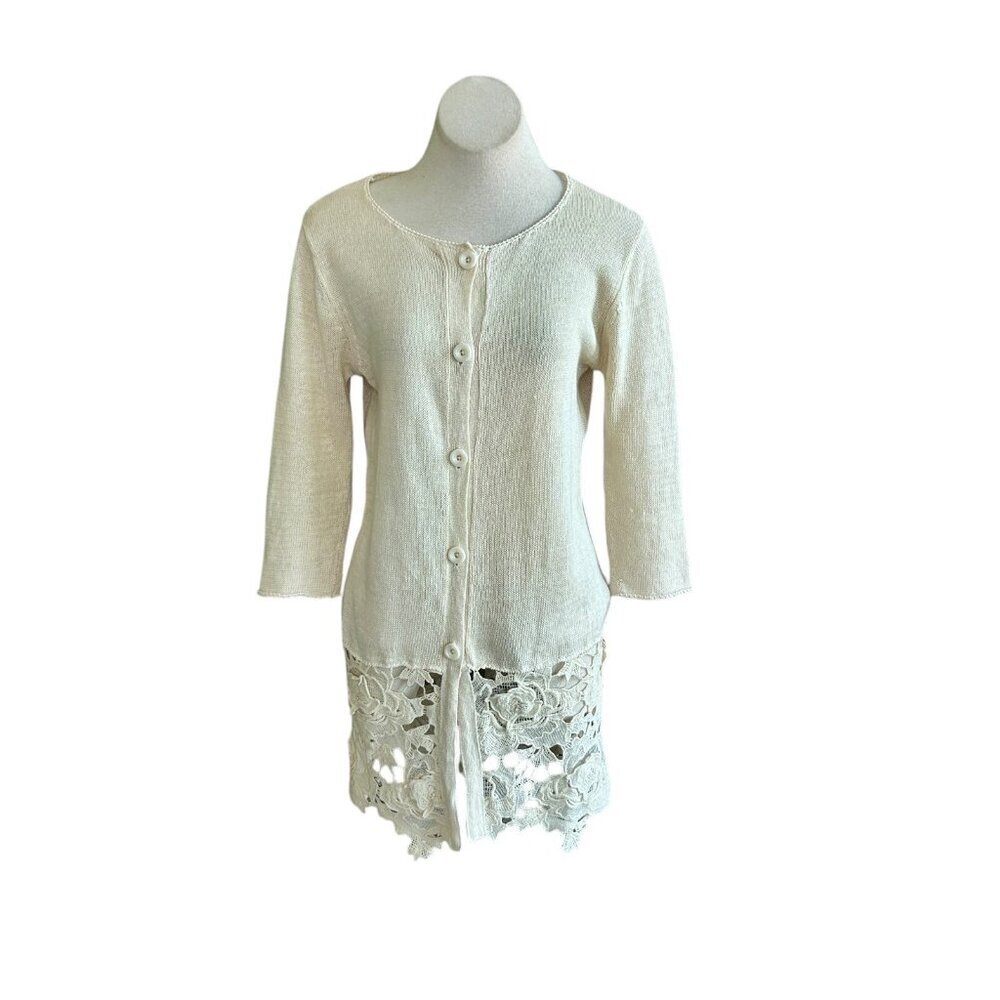 Monoreno Beige Cream Lace Hem Linen Blend Tunic Length Cardigan Sweater